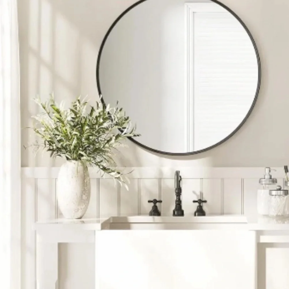 Brown Wood Framed Bathroom Mirror - Classic Square Wall Mirror